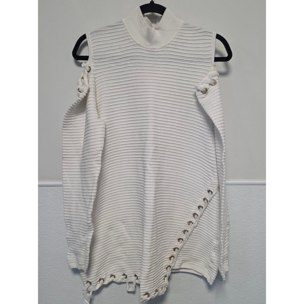 Women's Belldini‎ White Gold Ribbed Off-the-Shoulder Sweater 1X